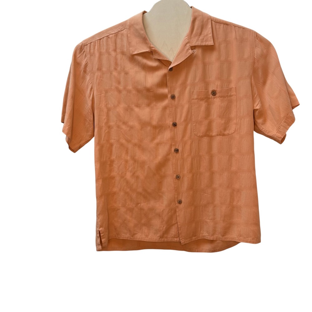 Island Republic Mens Peach 100% Silk Short Sleeve Button Down Camp Shirt Large